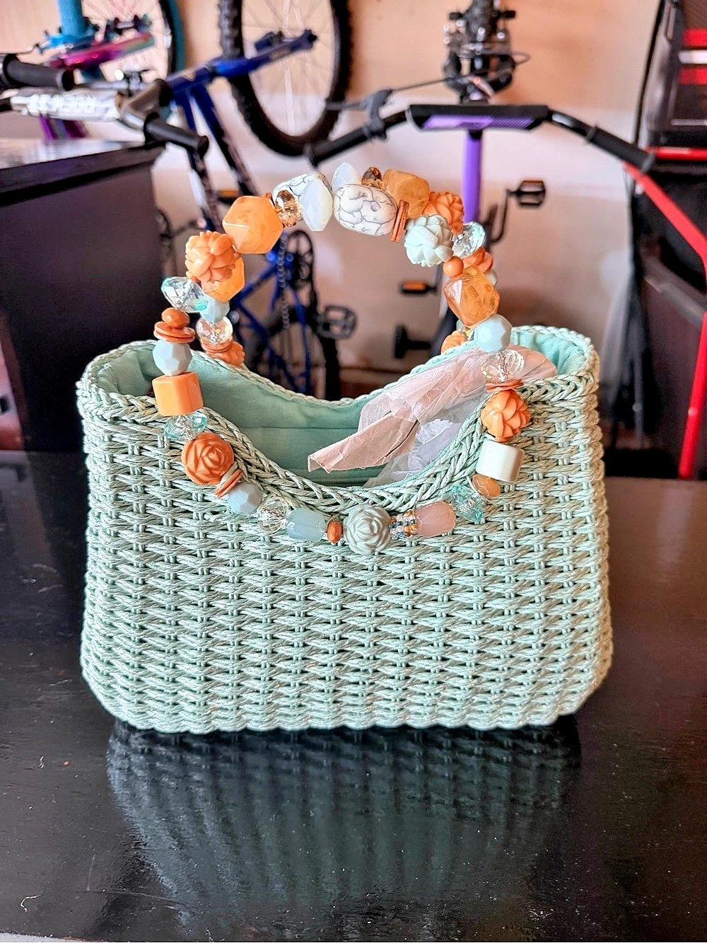 Woven Tote Bag in Green & Orange Like New